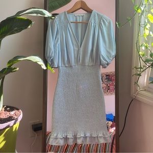 NWT Abercrombie and Fitch Ruched Bubble sleeve blue mini dress Deep V Medium
